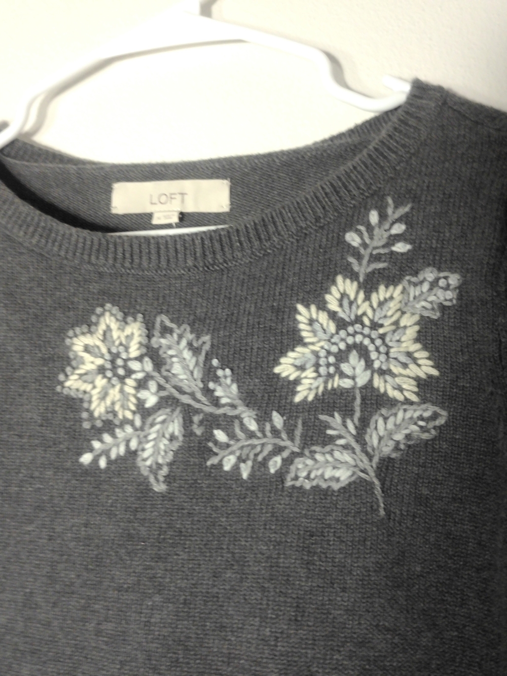 LOFT Charcoal Gray Crewneck Sweater with Cream Floral Embroidery